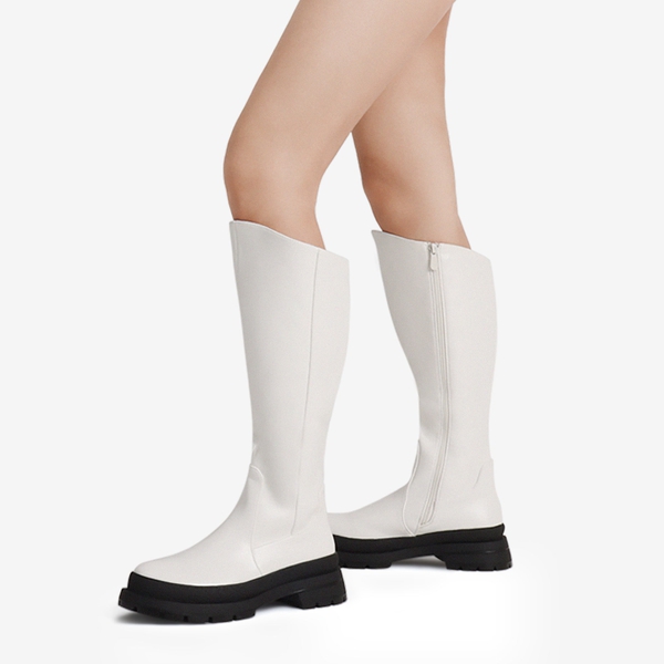 Mesmerize Chunky Lug Sole Knee High Boots - WHITE PU - 1